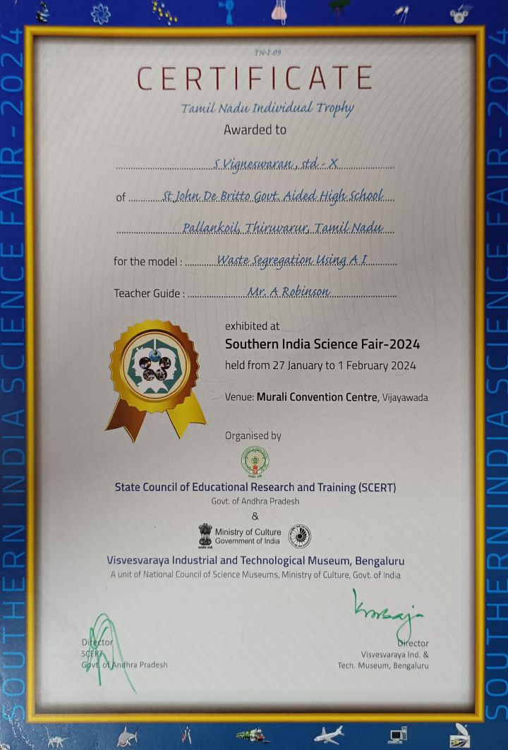 Southern India Science Fest 2024 — Tamil Nadu Individual Trophy secured by Vigneswaran S